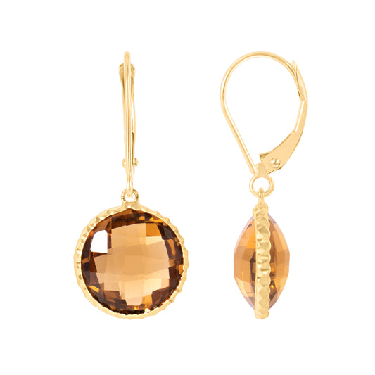 14k Whisky Quartz Fancy Bezel Leverback Earring