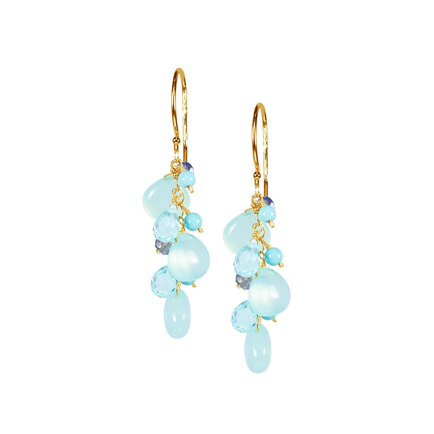 14k Blue Chalcedony, Blue Topaz, Turquoise, and Iolite Hook Earrings