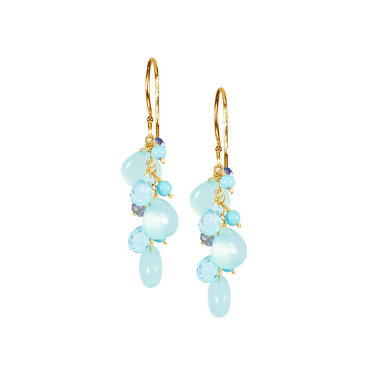 14k Blue Chalcedony, Blue Topaz, Turquoise, and Iolite Hook Earrings