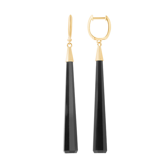 14k Black Onyx Long Huggie Hoop Drop Earrings