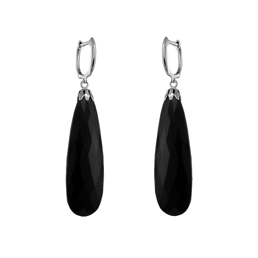 14k White Gold Faceted Black Onyx Drop Earrings freeshipping - Jewelmak Shop