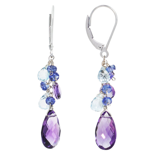 14k White Gold Pink Amethyst, Blue Topaz, and Tanzanite Leverback Dangle Earrings