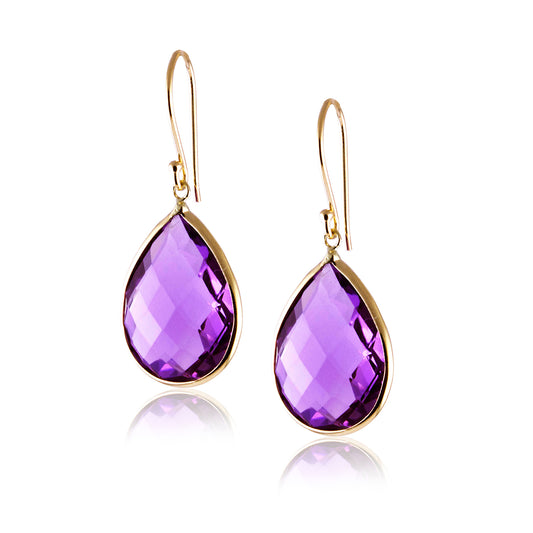 14k Faceted Pear Amethyst Bezel Earring