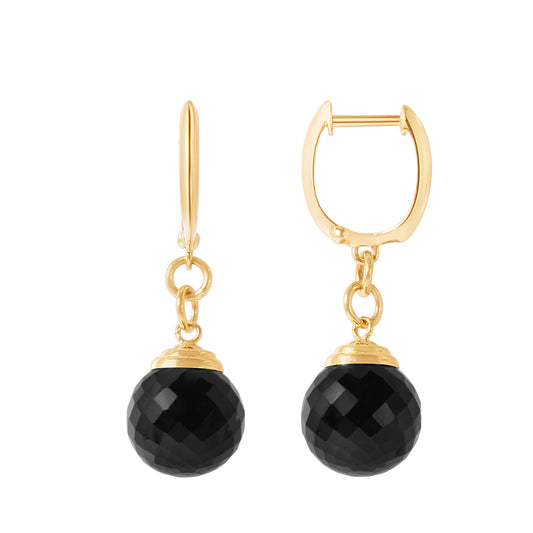 14k Black Onyx Faceted Round W/Cap Huggie Hoop Drop Earrings