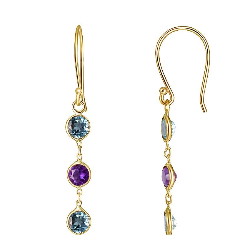 14k Blue Topaz and Amethyst 3 Round Bezel Hook Earring freeshipping - Jewelmak Shop