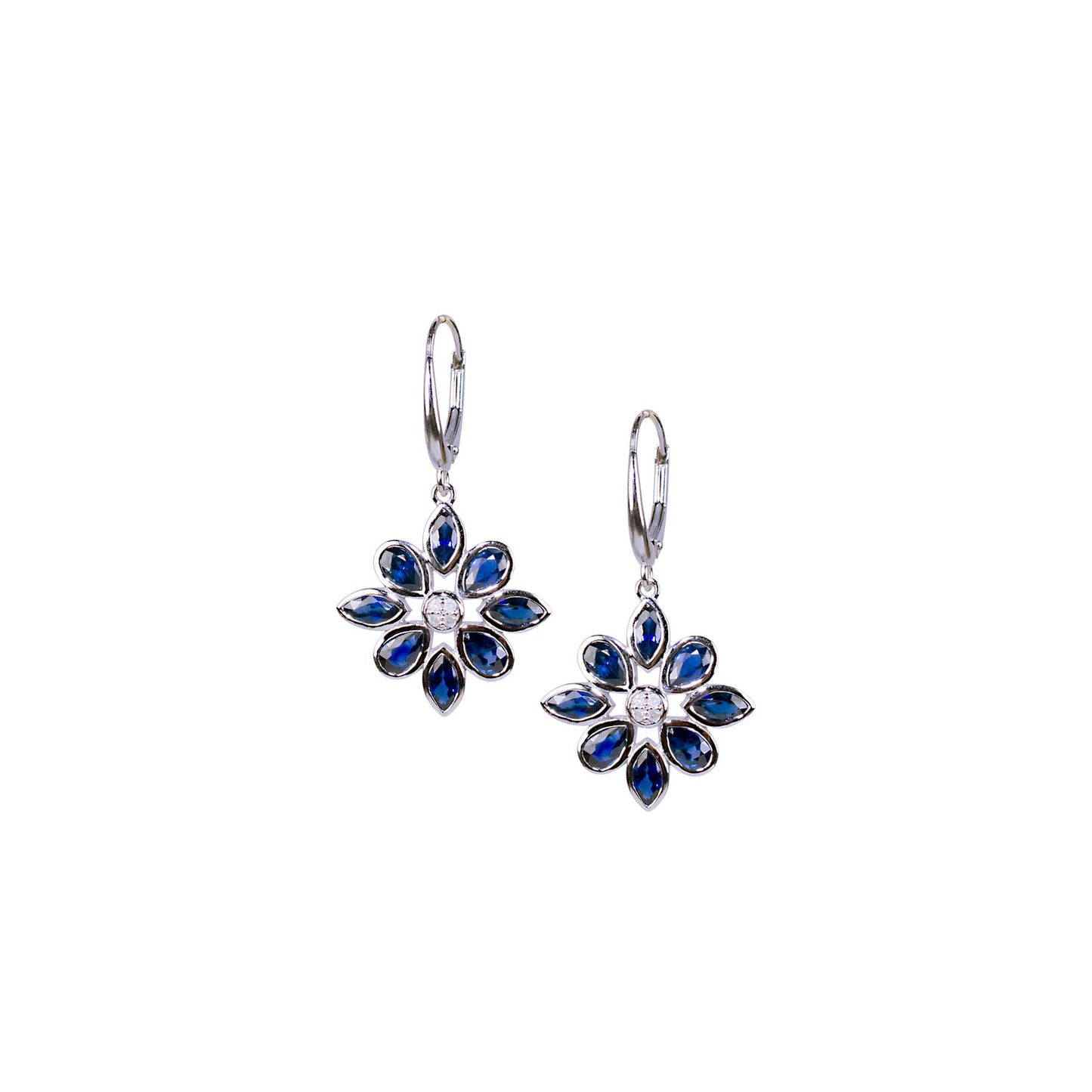 14k White Gold Blue Sapphire Diamond Flower Leverback Earrings