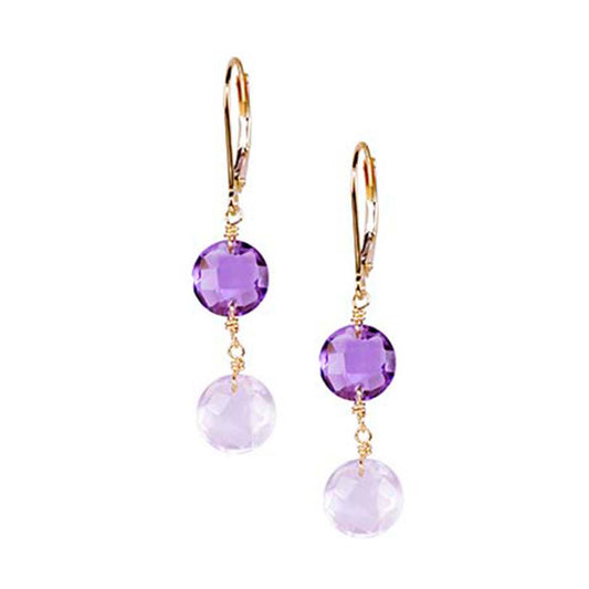 14k Rose Quartz Amethyst Coin Leverback Earrings