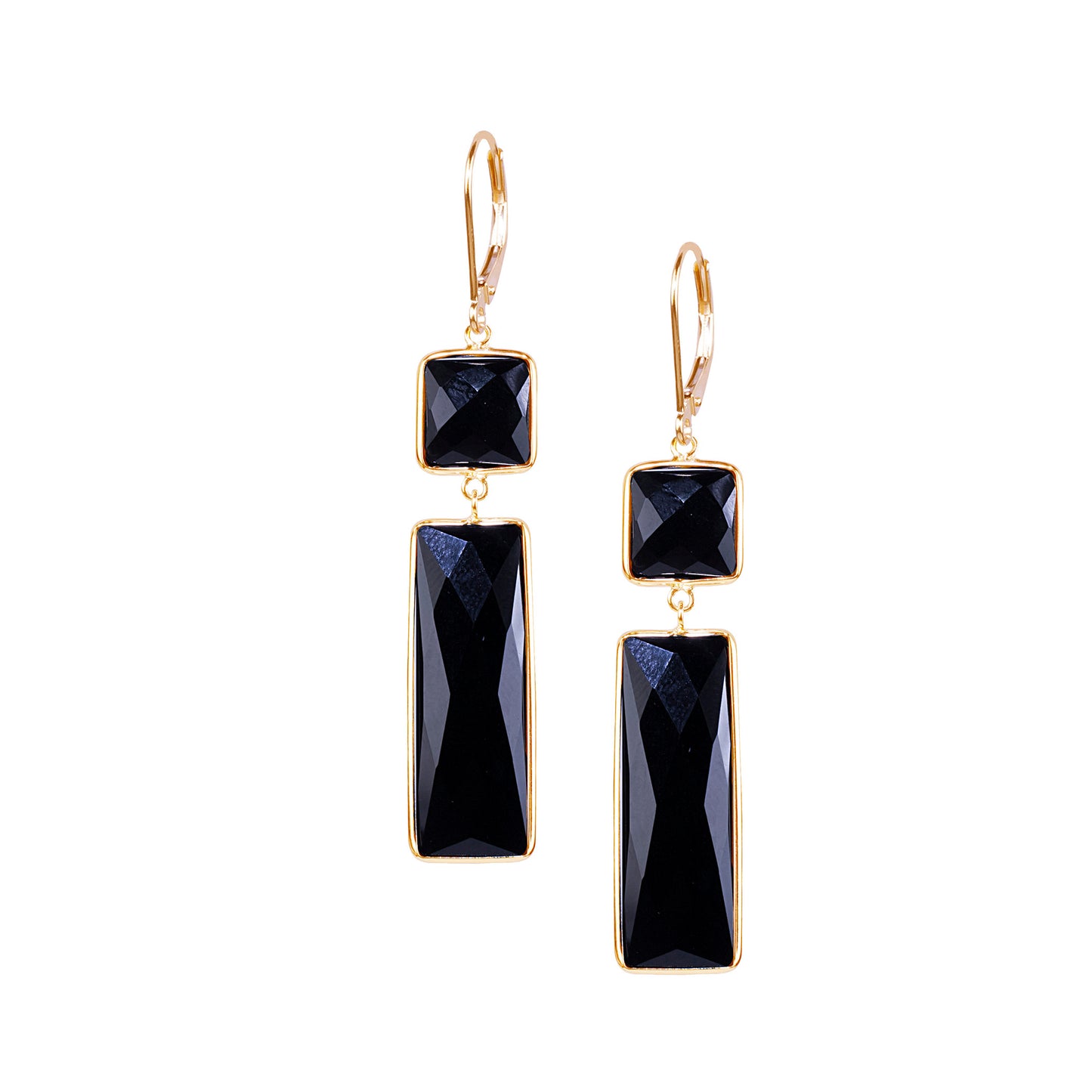 14k Black Onyx Square and Rectangle Bezel Dangle Earrings