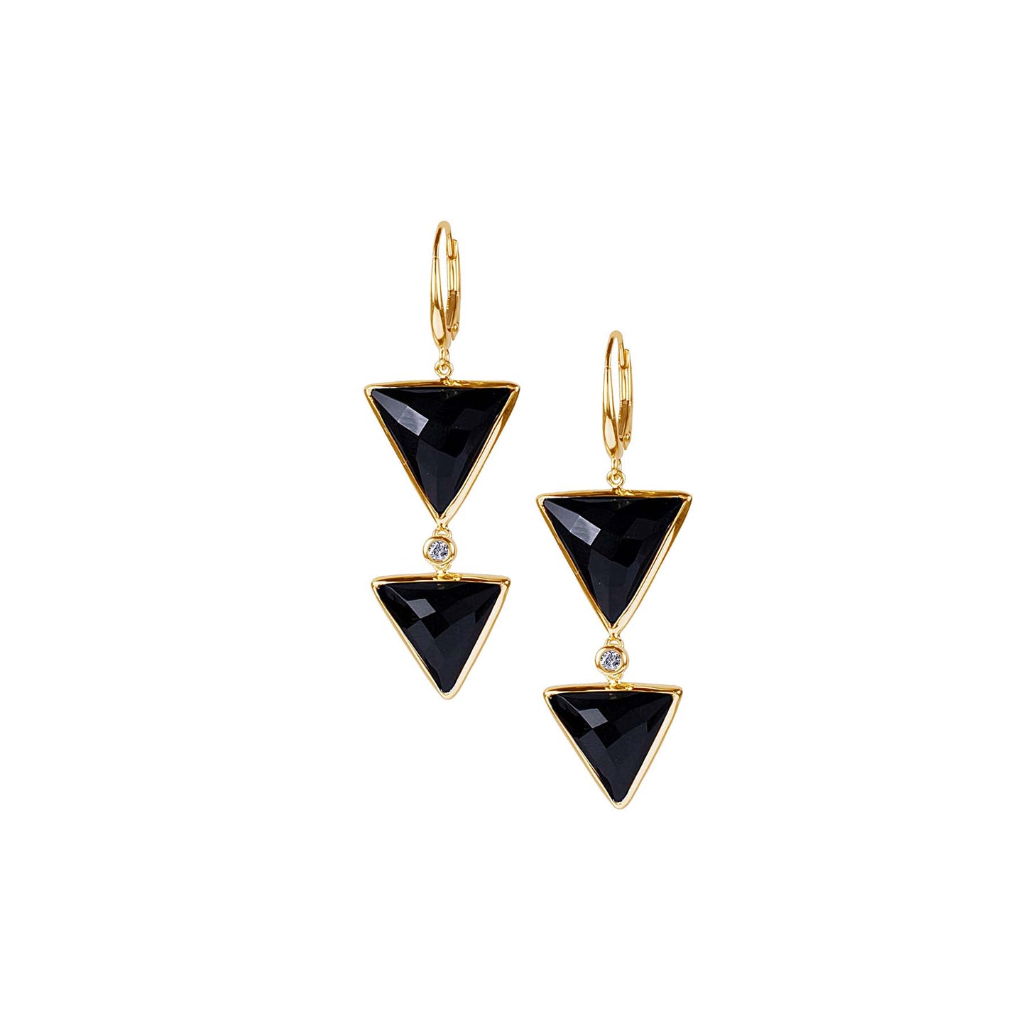 14k Black Onyx Double Triangle Bezel Diamond Leverback Earring