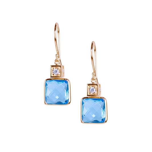 14k Swiss Blue Topaz Square Bezel Diamond Leverback Earring