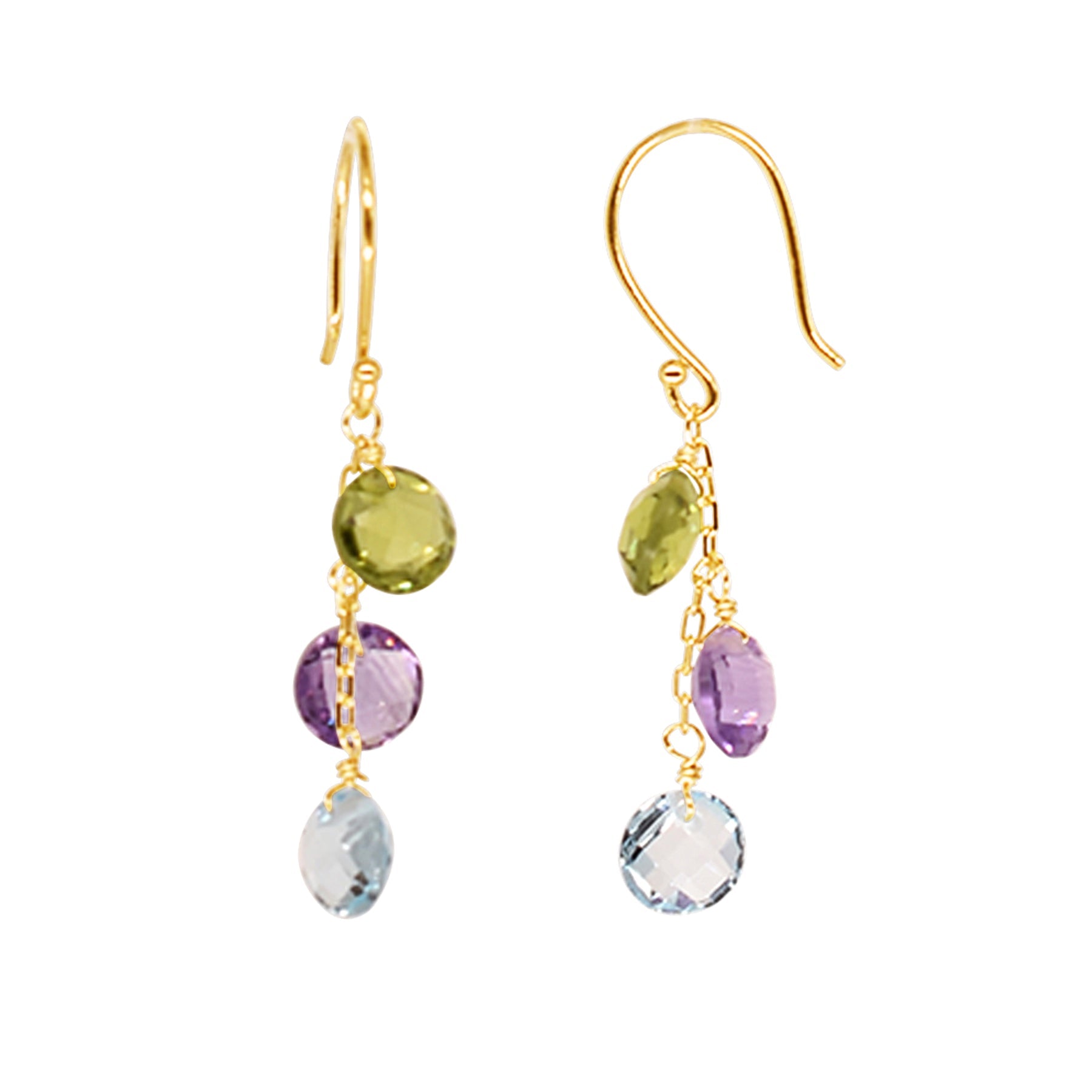 14k Peridot, Amethyst, Blue Topaz Triple Coin Hook Earrings freeshipping - Jewelmak Shop