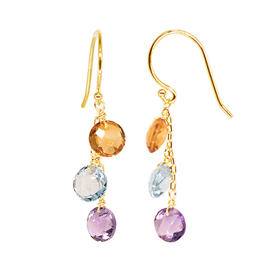 14k Citrine, Blue Topaz, and Amethyst Triple Coin Hook Earring freeshipping - Jewelmak Shop