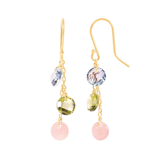 14k Blue Topaz, Peridot, and Guava Quartz Coin Hook Dangle Earring