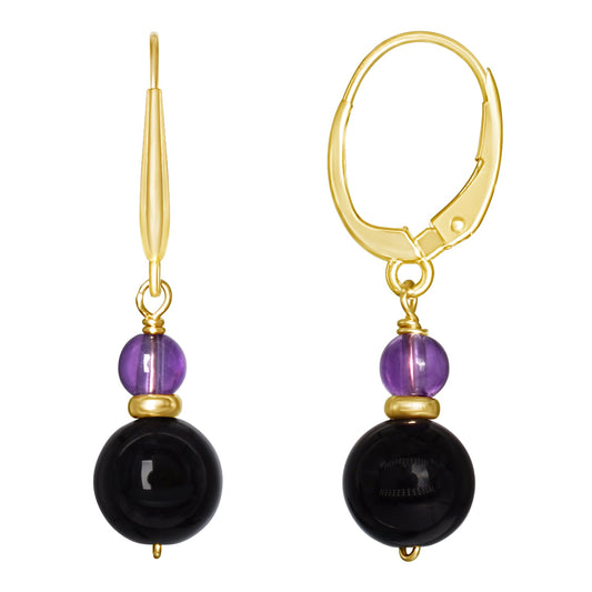 14k Amethyst Black Onyx Round Bead Leverback Earrings freeshipping - Jewelmak Shop