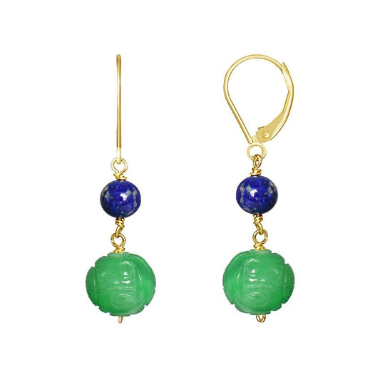 14k Lapis Carved Green Jade Leverback Earring freeshipping - Jewelmak Shop