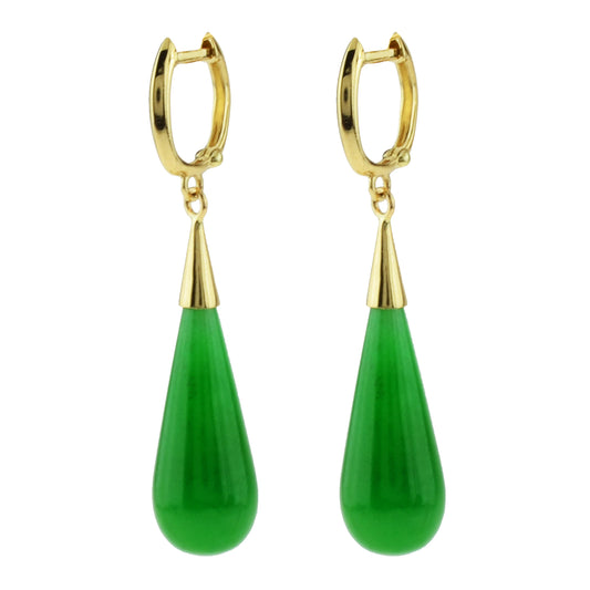 14k Jadeite Teardrop Huggie Hoop Earring