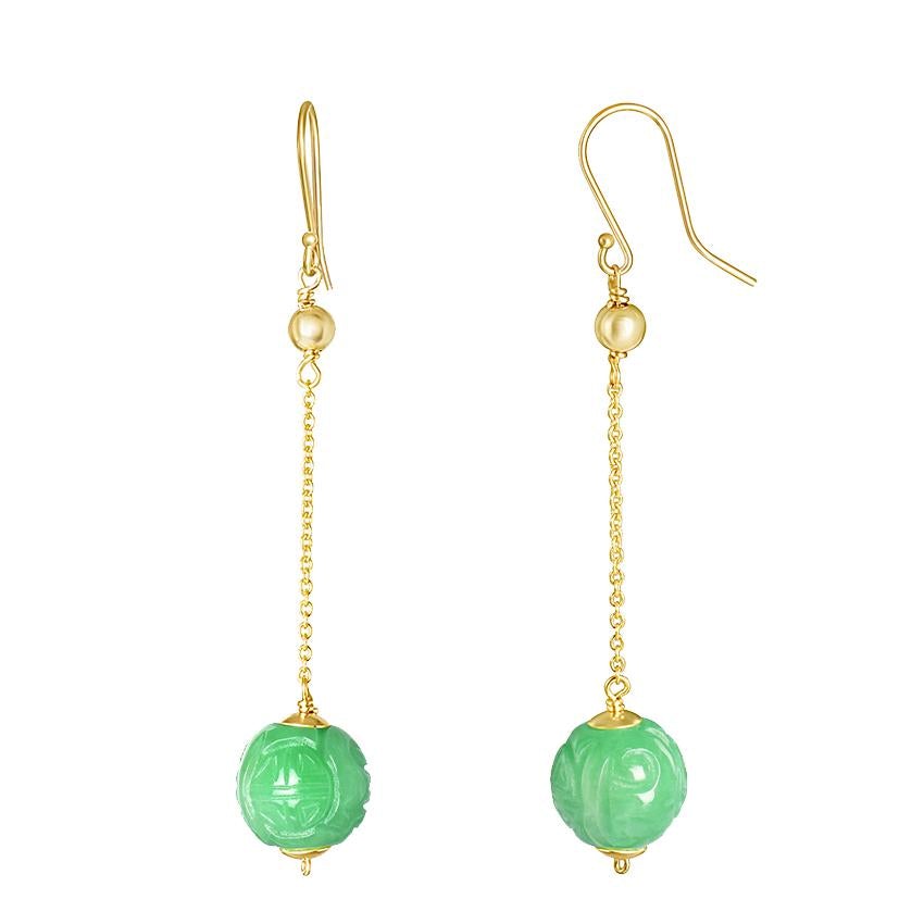 14k Carved Jade Bead Dangling French Hook Earring freeshipping - Jewelmak Shop