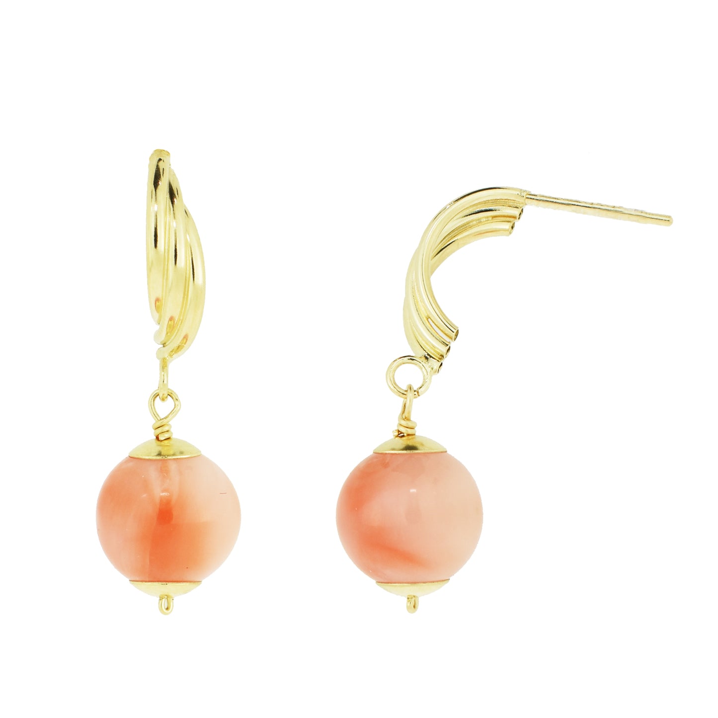 14k Angel Skin Coral Single Bead Drop Earrings