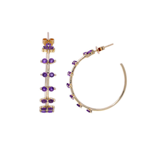 14k Amethyst 7 Station Open Long Hoop Earring