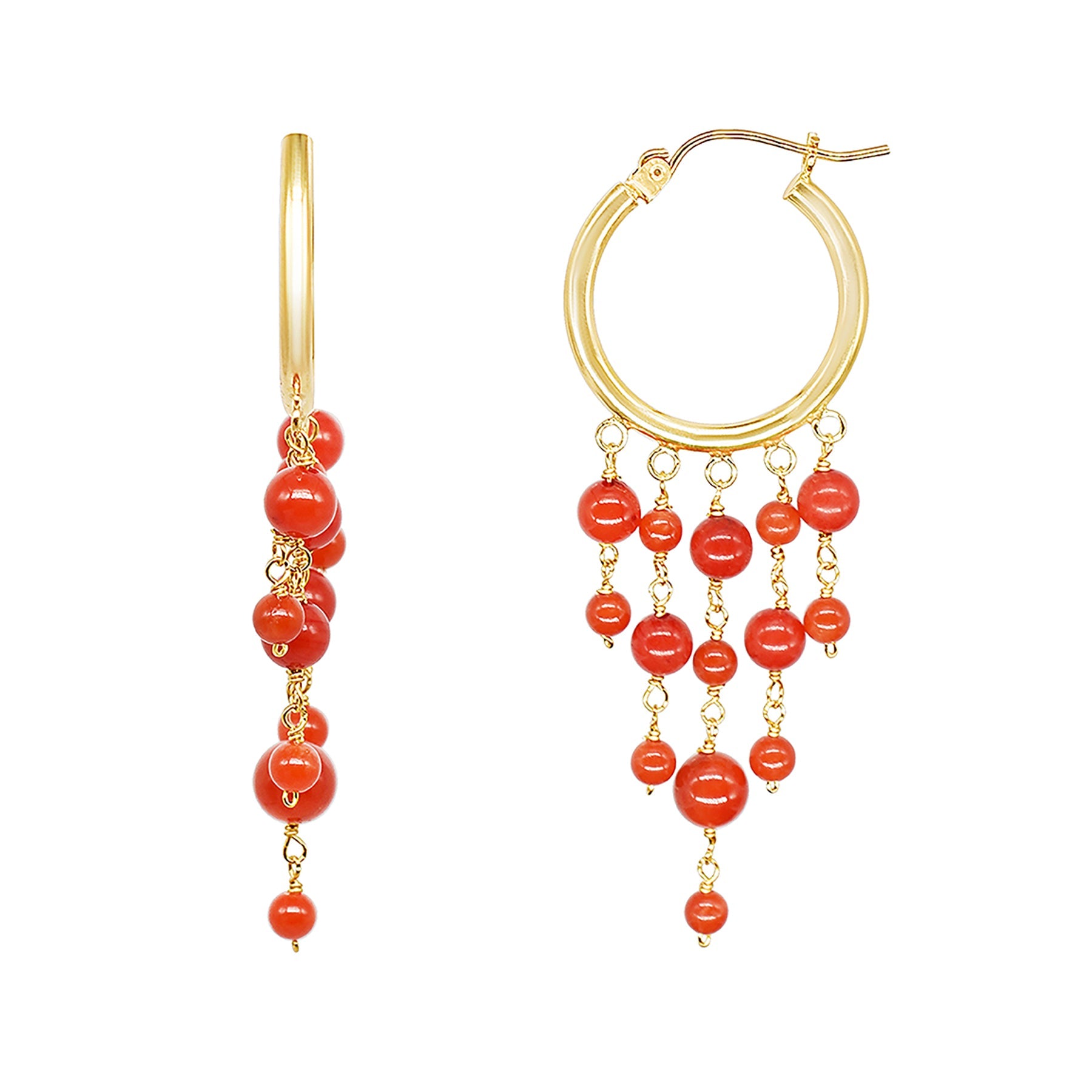 14k Red Coral 5-Line Drop Hoop Earring freeshipping - Jewelmak Shop