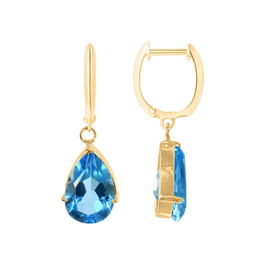 14k Swiss Blue Topaz Pear Bezel Huggie Hoop Drop Earring