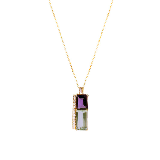 14k Amethyst Lemon Quartz Diamond Pendant Necklace