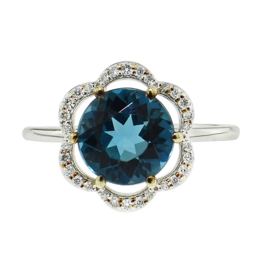 14k White Gold Diamond London Blue Topaz Flower Ring - Size 7