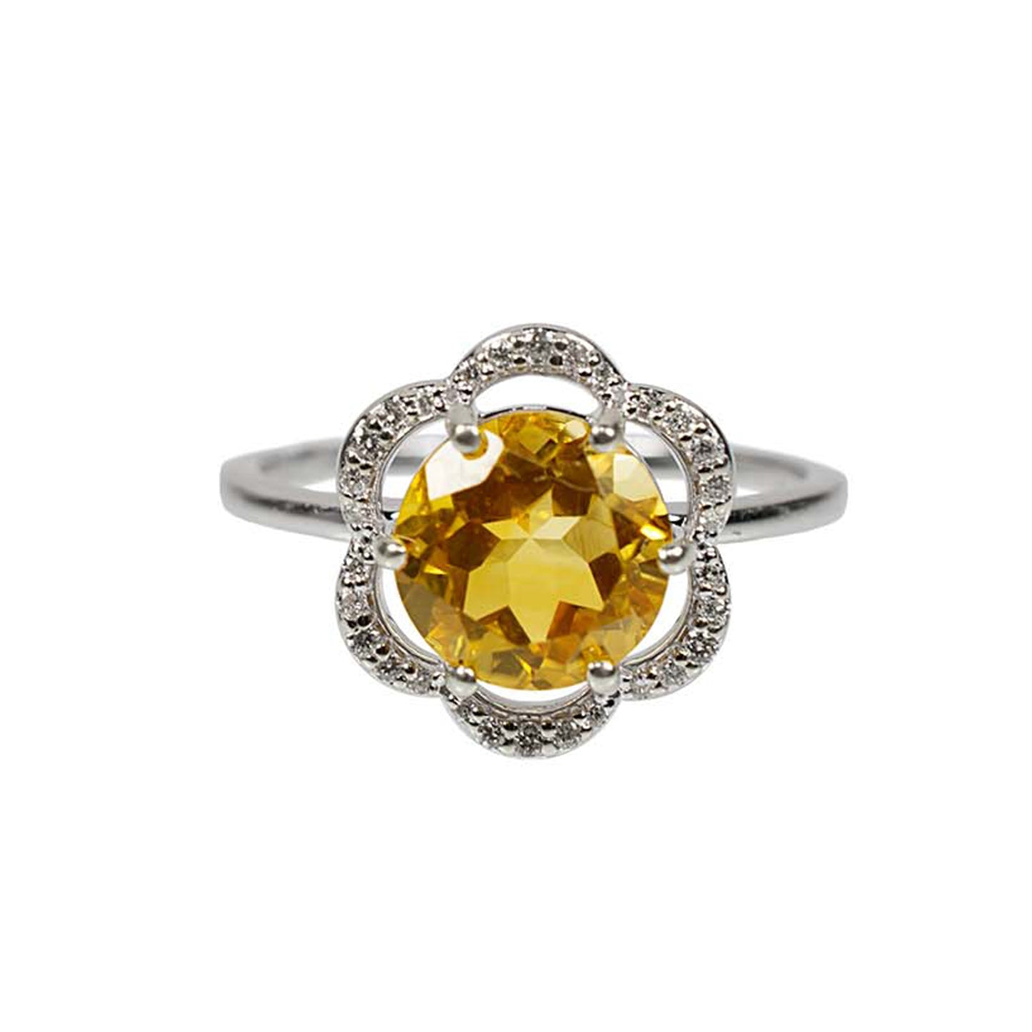 14k White Gold Diamond Citrine Flower Ring - Size 7