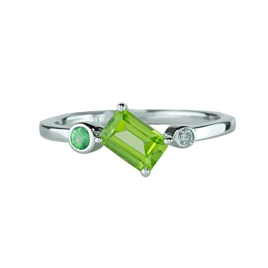 14k White Gold Peridot Tsavorite Diamond Ring - Size 7