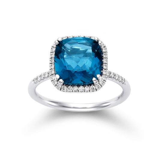 14k White Gold London Blue Topaz Cushion Vs Diamond Ring - Size 7