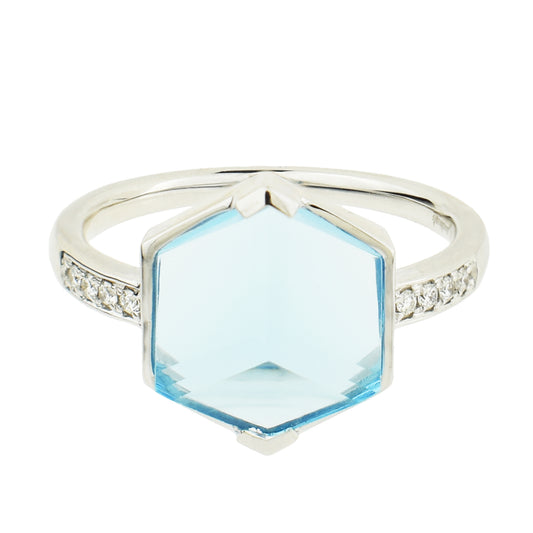 14k White Gold Swiss Blue Topaz 3D Cut Hexagon Diamond Ring - Size 7