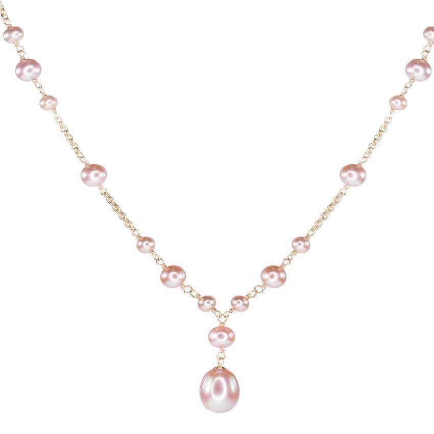 14k Pink Freshwater Pearl Bead Necklace With OBL Drop 17" freeshipping - Jewelmak Shop