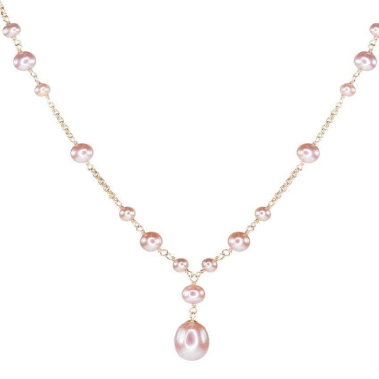 14k Pink Freshwater Pearl Bead Necklace With OBL Drop 17" freeshipping - Jewelmak Shop