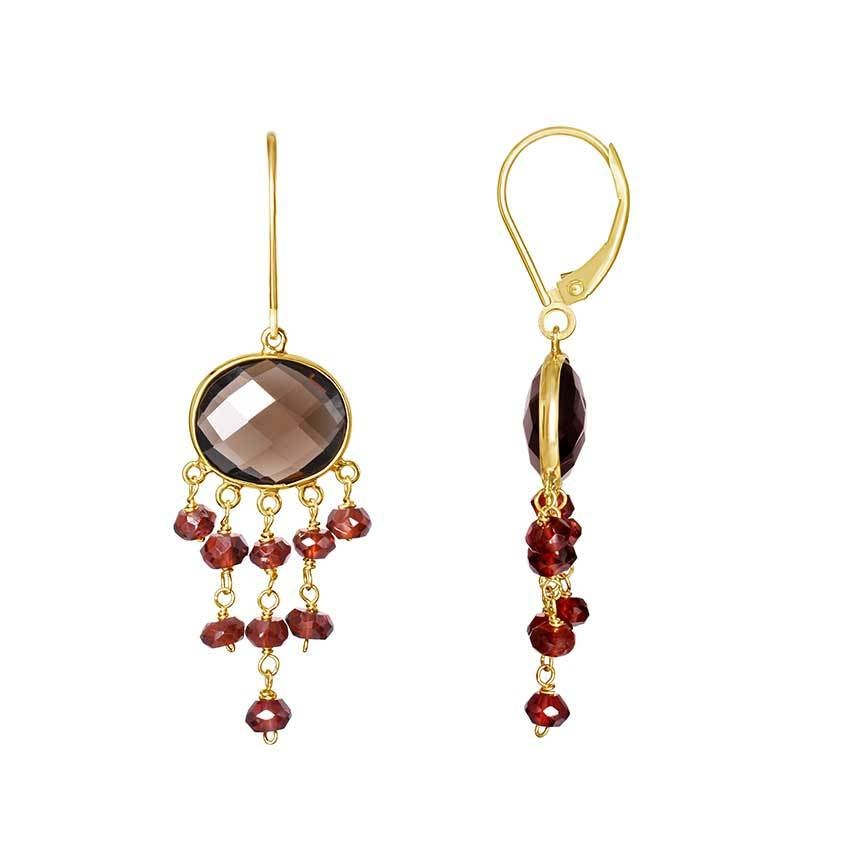 14k Smoky Quartz and Garnet 5 Dangle Leverback Earring freeshipping - Jewelmak Shop