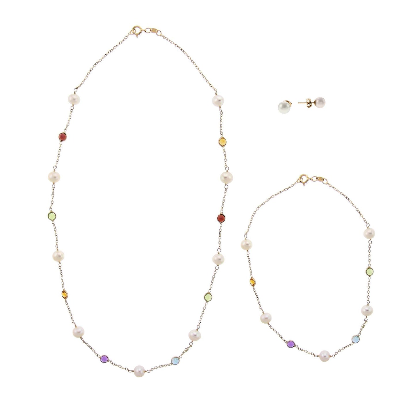 14k White Freshwater Pearl Multi Gemstone Station Set