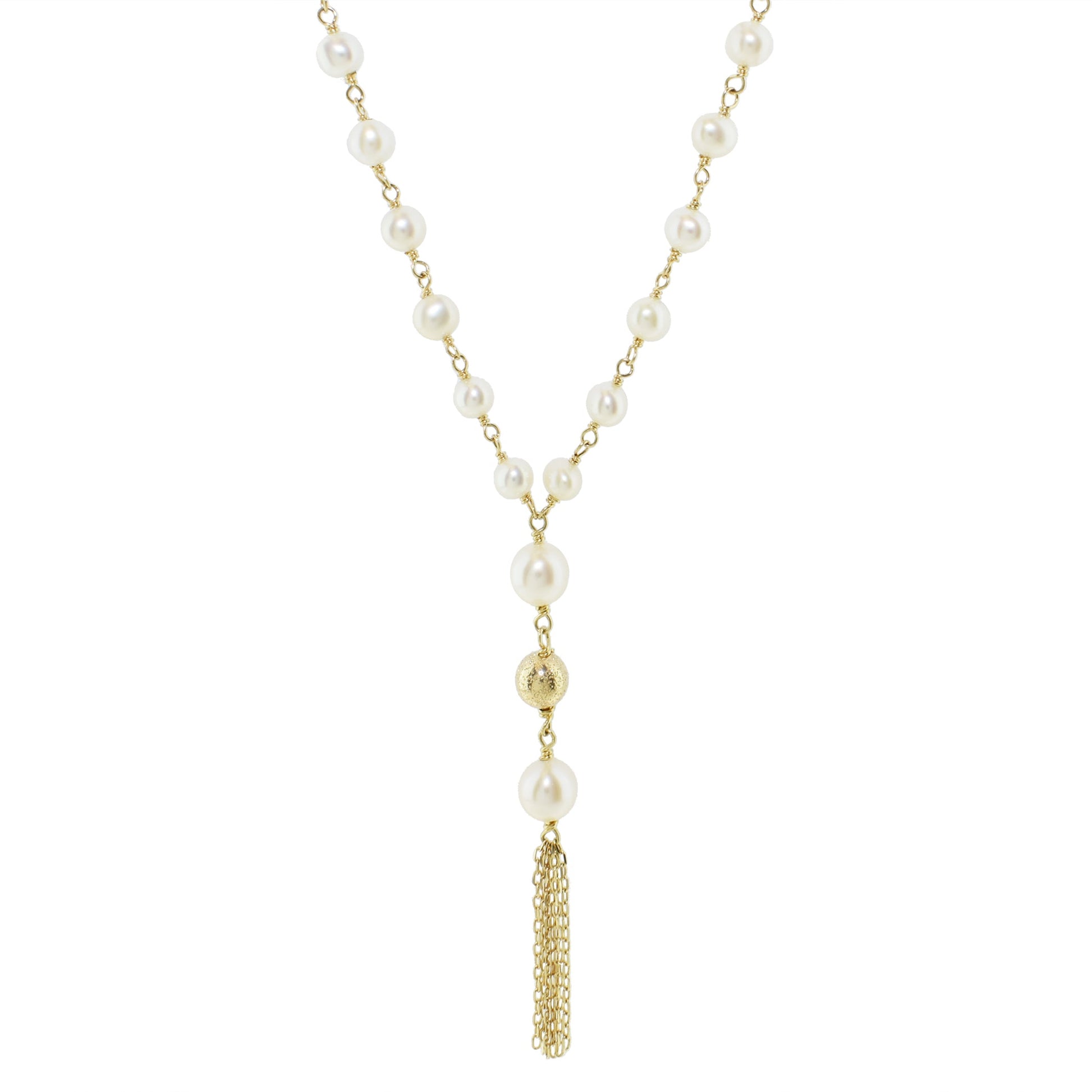 14k White Pearl Link Gold Fringe Y Necklace 18" freeshipping - Jewelmak Shop