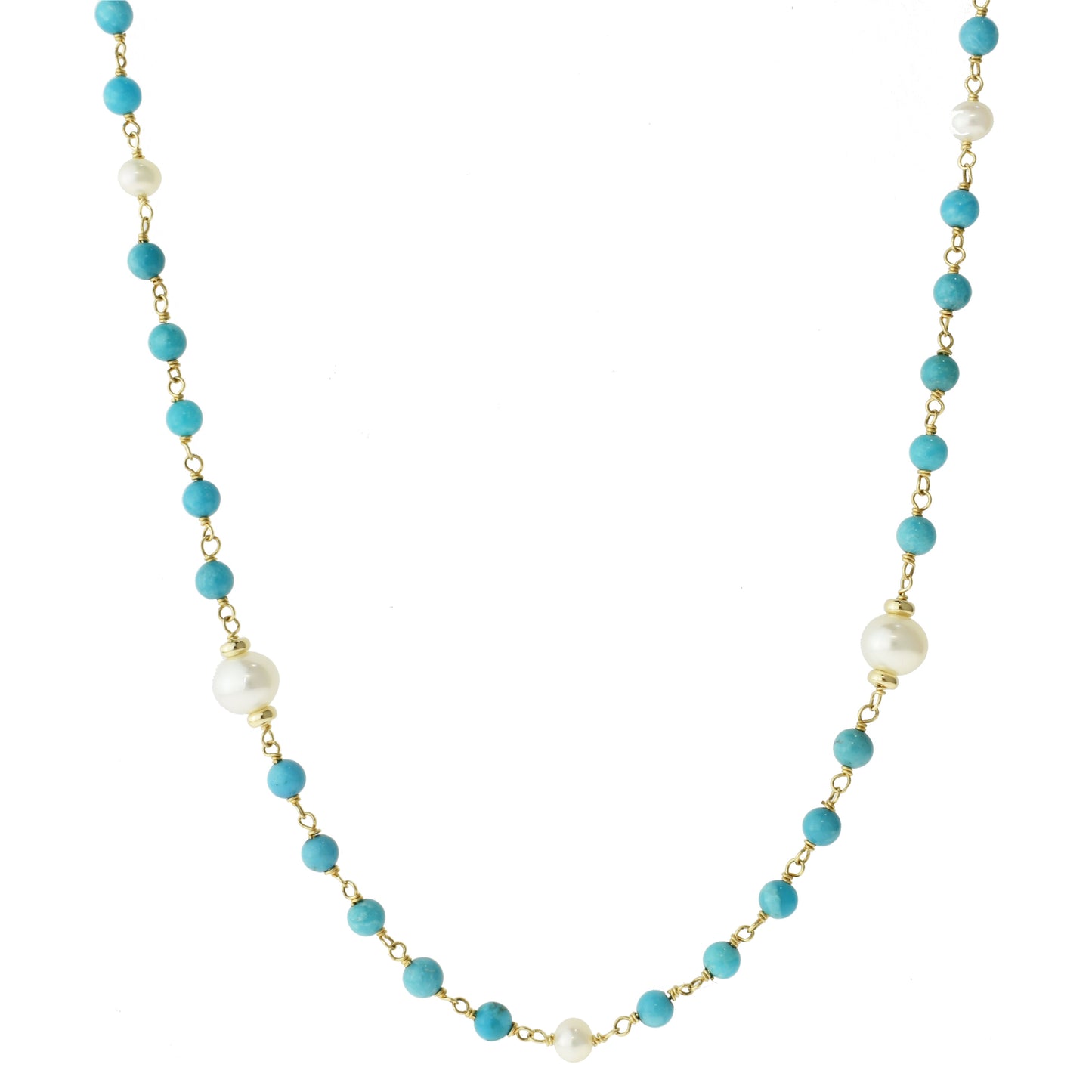 14K Blue Turquoise & White Freshwater Pearl Necklace 36" freeshipping - Jewelmak Shop