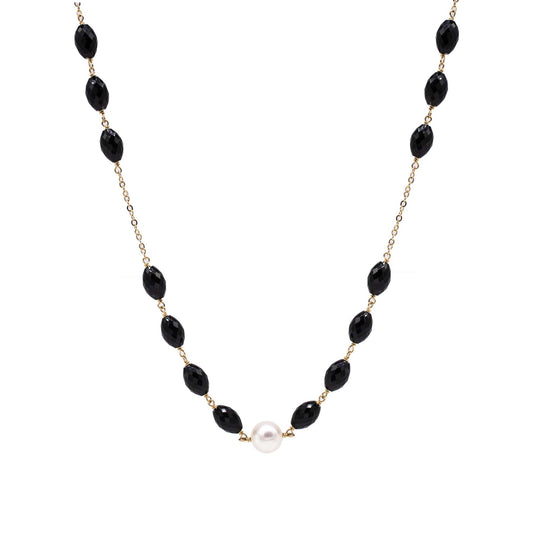 14k White Freshwater Pearl Black Onyx Link Necklace 18" freeshipping - Jewelmak Shop