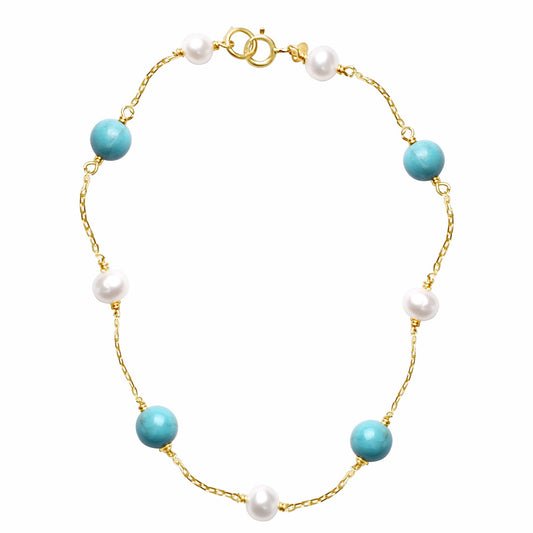 14k White Pearl Turquoise Station Anklet 9.5" freeshipping - Jewelmak Shop