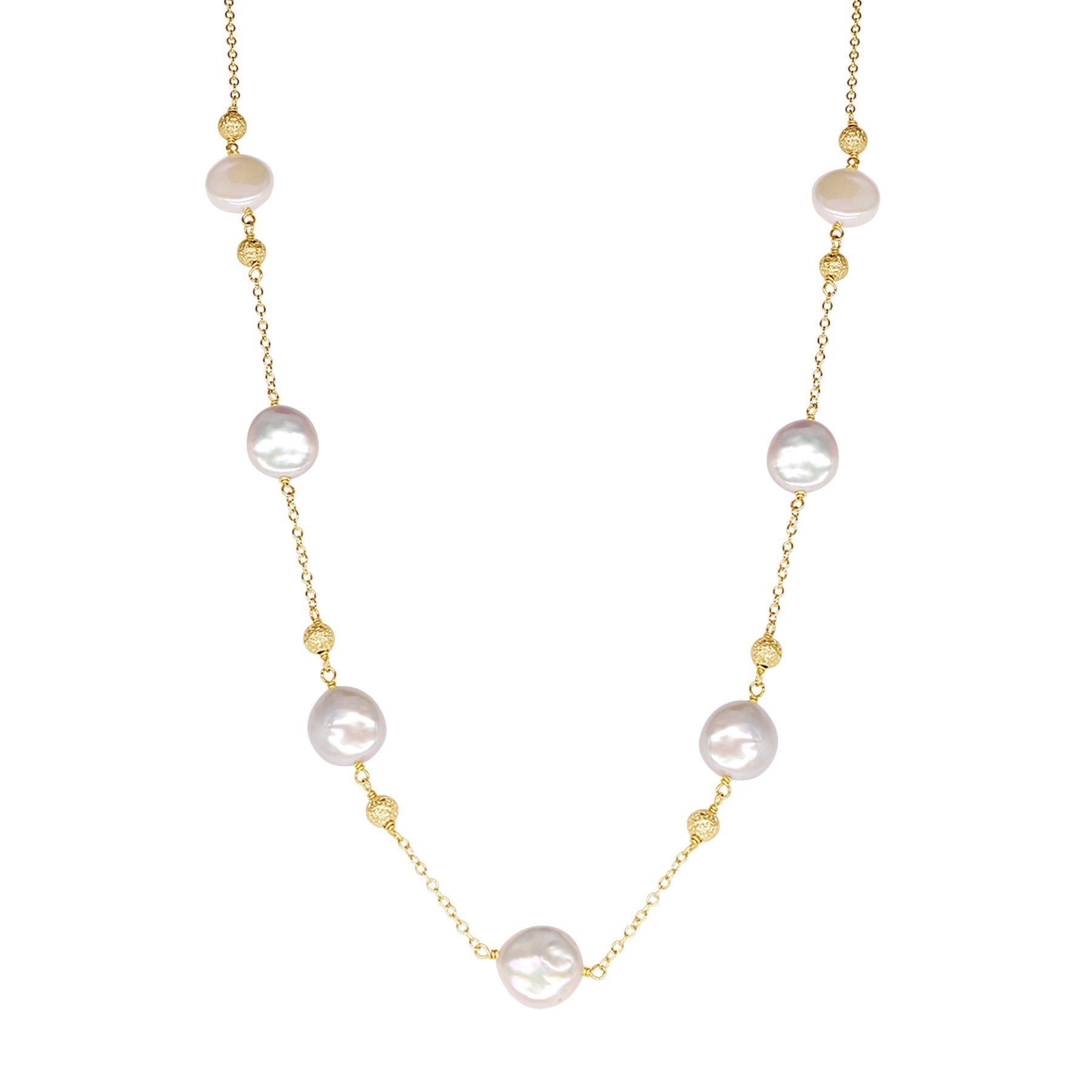 14k White Pearl Gold Ball Station Necklace 18" freeshipping - Jewelmak Shop