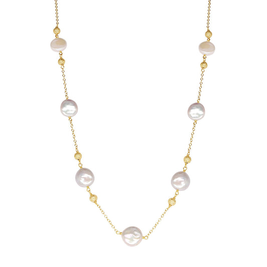 14k White Pearl Gold Ball Station Necklace 18" freeshipping - Jewelmak Shop