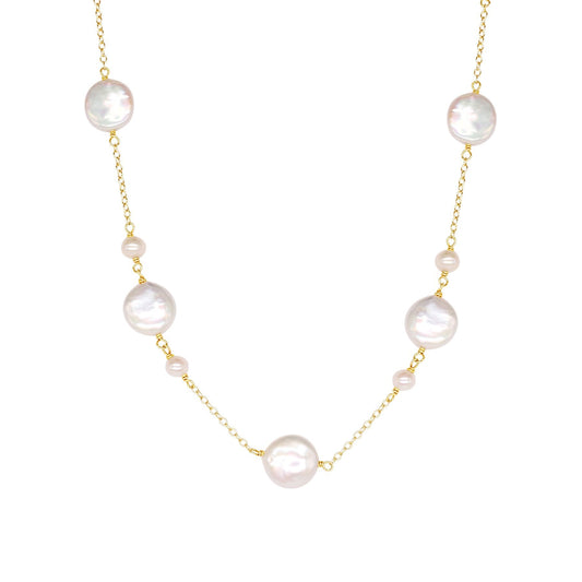 14k White Pearl Station Necklace 18" freeshipping - Jewelmak Shop