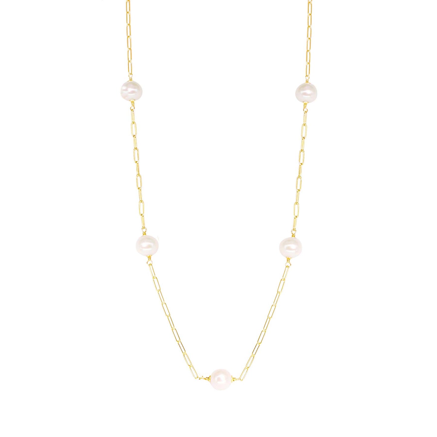 14k Freshwater White Pearl Paper Clip Station Necklace 17/18" freeshipping - Jewelmak Shop