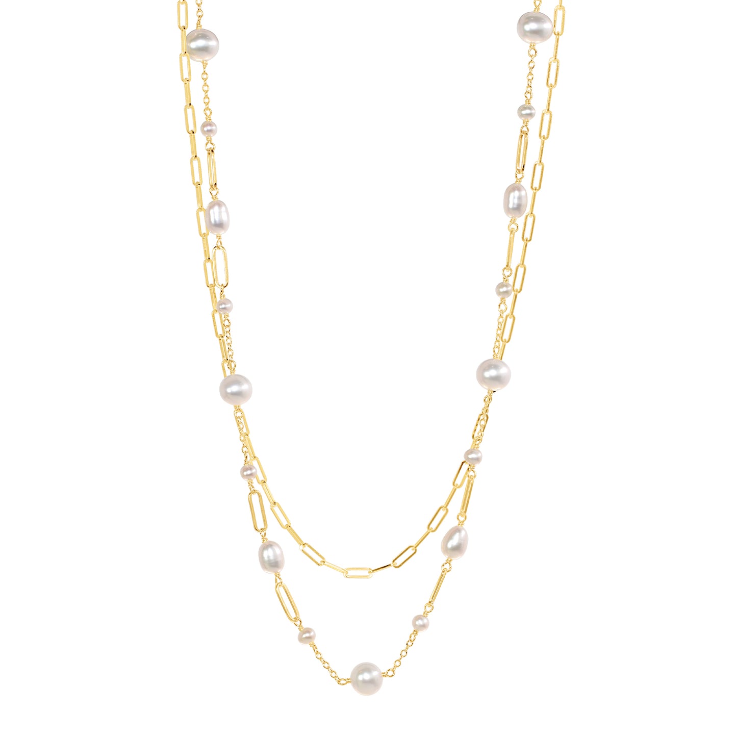 14k White Freshwater Pearl Paperclip 2 Row Necklace 18"/19.5"