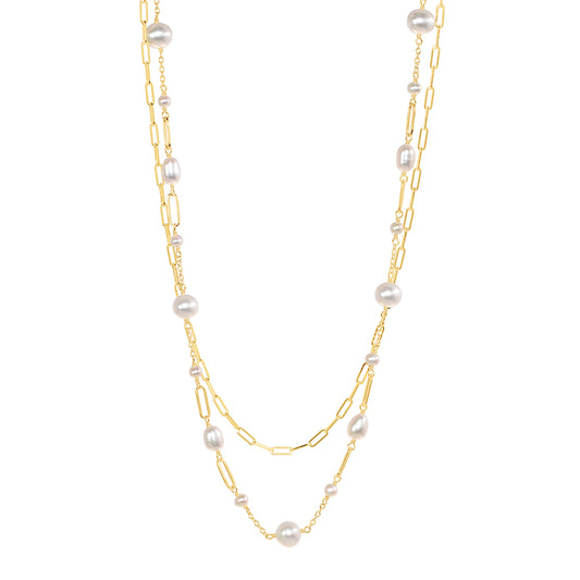 14k White Freshwater Pearl Paperclip 2 Row Necklace 18"/19.5"