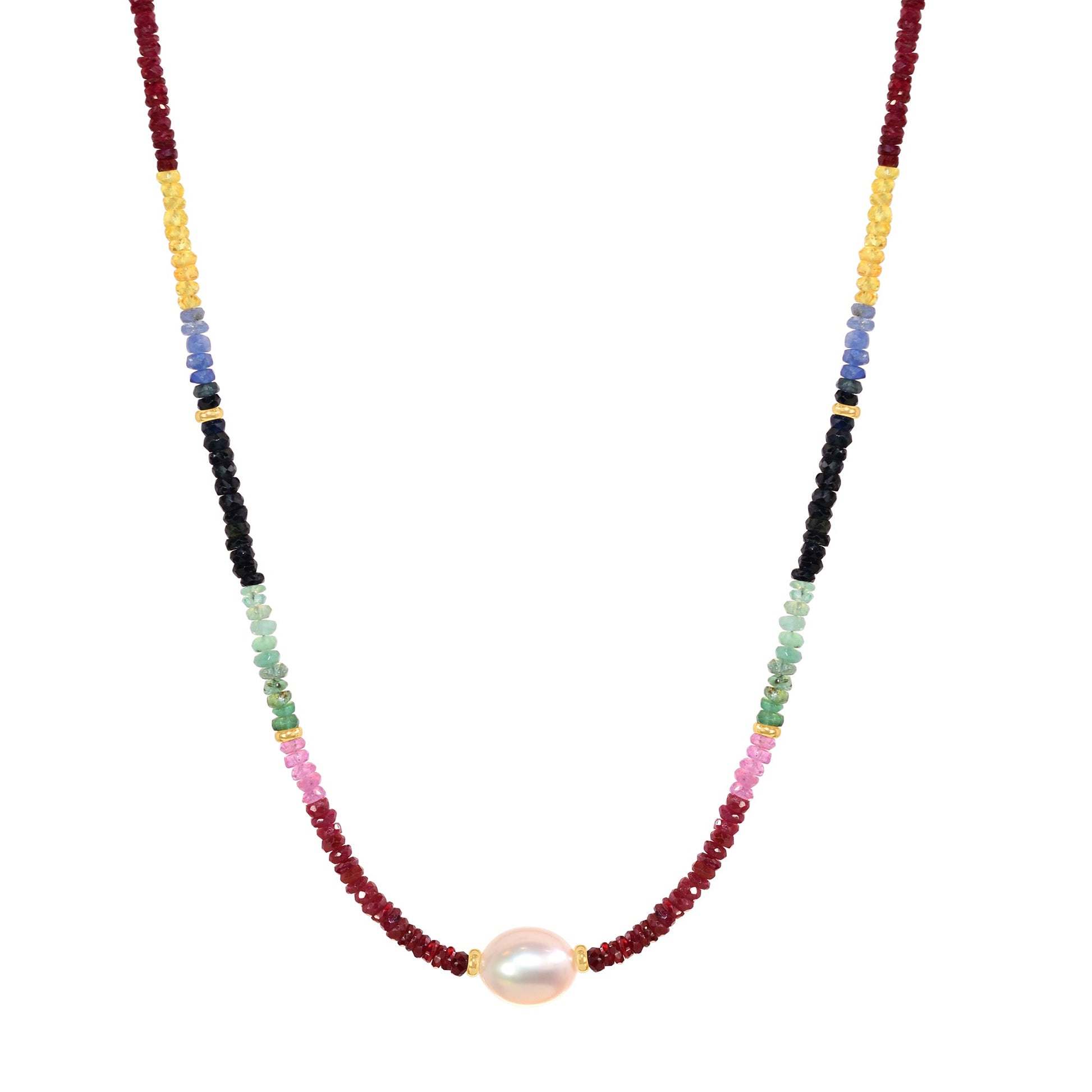 14k Multi Gemstone White Freshwater Pearl Necklace 17" Jewelmak Shop