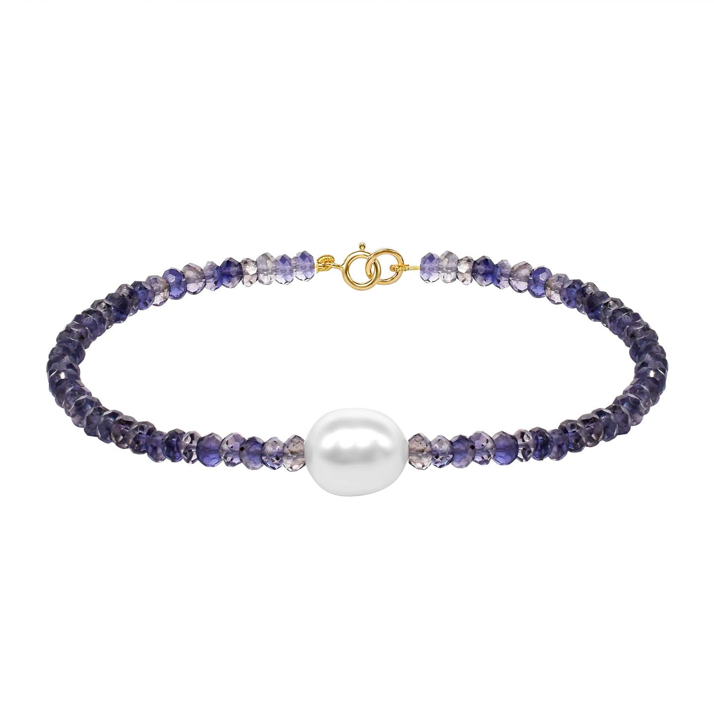 14k Iolite White Freshwater Pearl Bracelet 7.5"