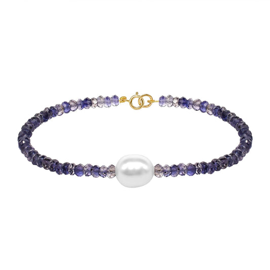 14k Iolite White Freshwater Pearl Bracelet 7.5"