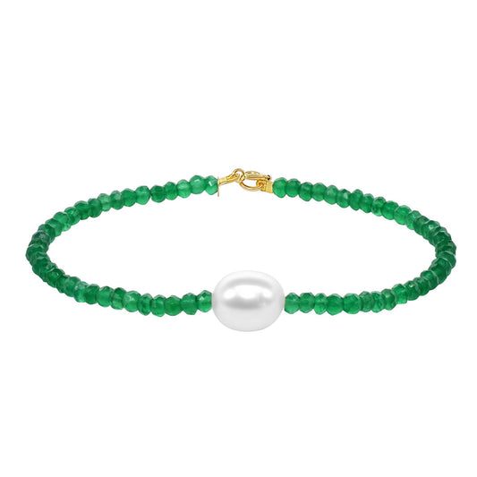 14k Green Onyx White Freshwater Pearl Bracelet 7.5"