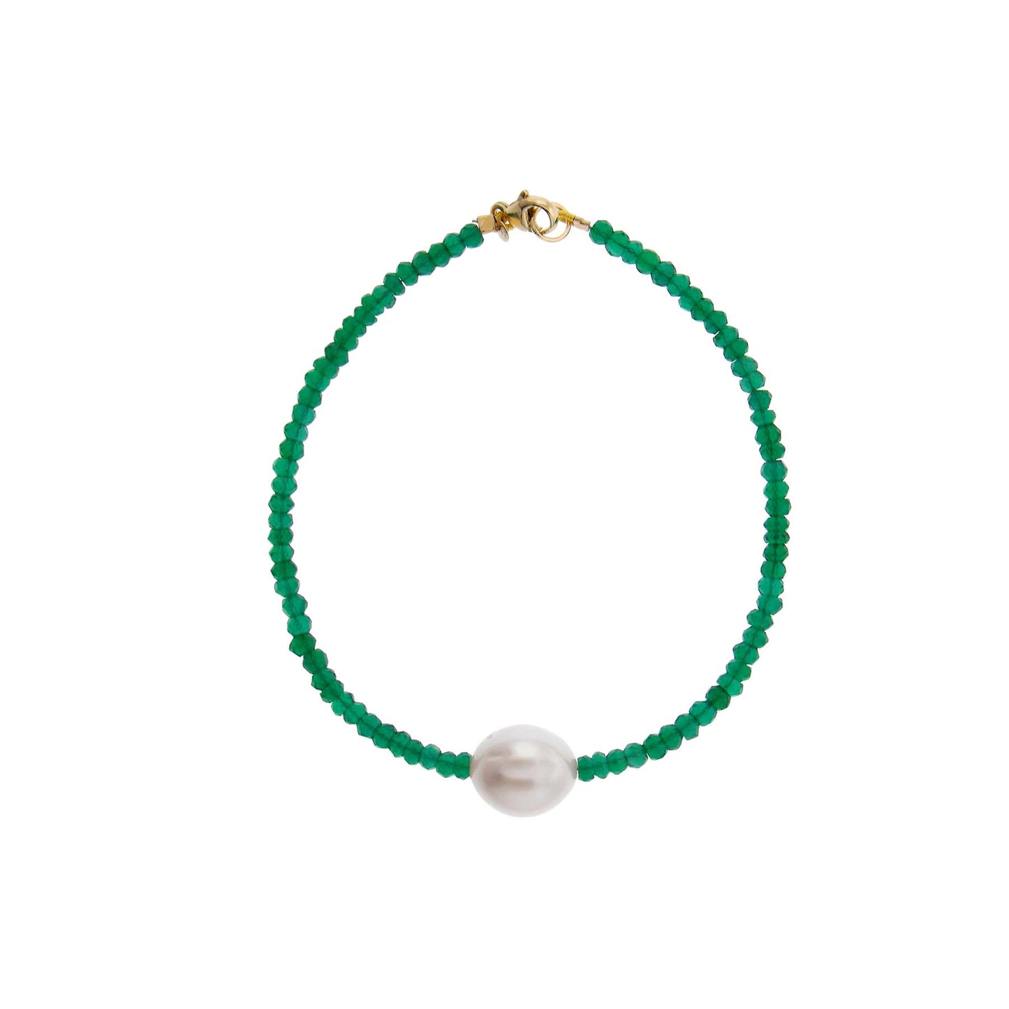 14k Green Onyx White Freshwater Pearl Bracelet 7.5"